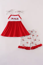 Red tractor embroidery ruffle shorts set