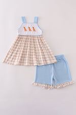 Beige puppy embroidery gingham ruffle shorts set