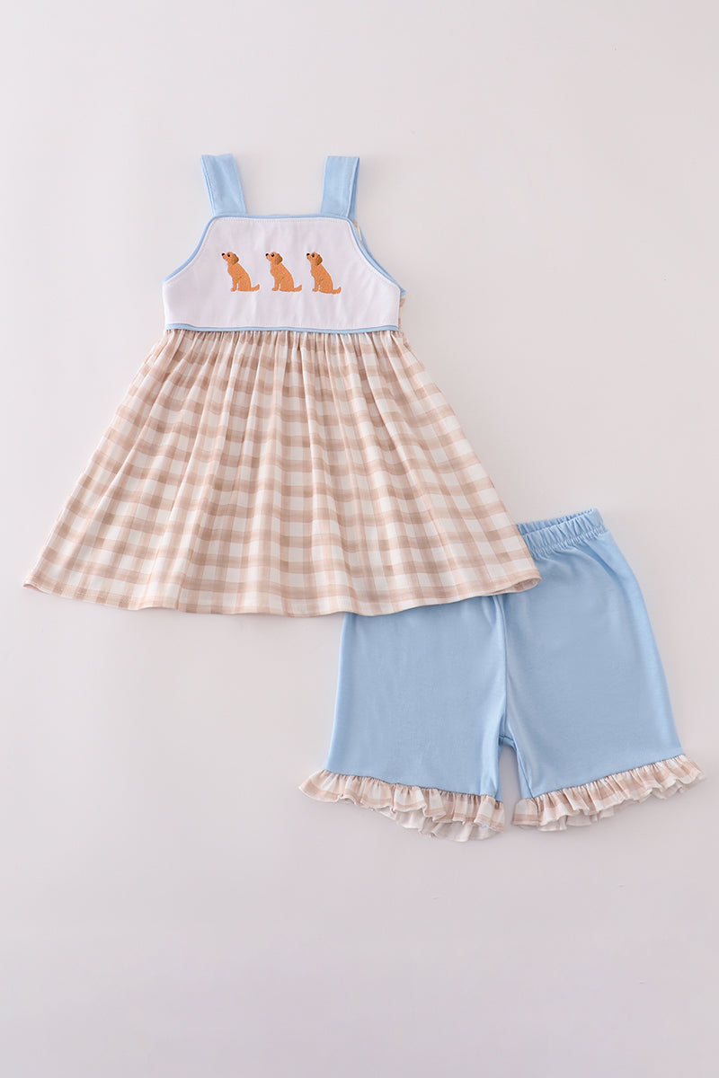 Beige puppy embroidery gingham ruffle shorts set