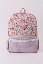 Purple floral print canvas ruffle backpack