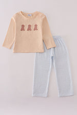 Cream puppy embroidery pants set