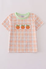 Orange pumpkin embroidery plaid top