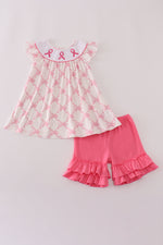 Pink bow tie embroidery ruffle shorts set