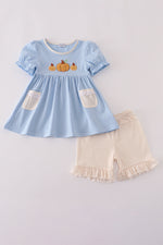 Blue pumpkin french knot ruffle shorts set
