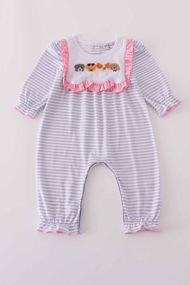 Purple puppy french knot stripe romper