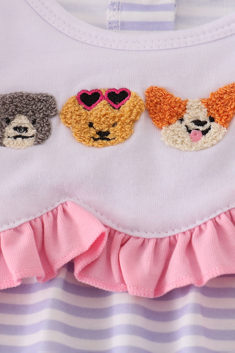 Purple puppy french knot stripe romper