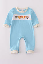 Blue puppy french knot romper