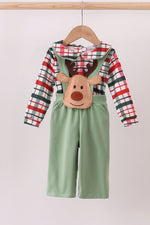Green christmas reindeer applique plaid 2pc jumpsuit set