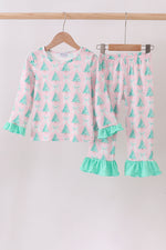 Pink christmas tree ruffle pajama set