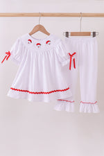 White santa claus smocked ruffle pants set