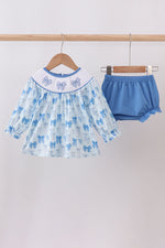 Blue bow smocked bloomer set