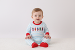 Blue character embroidery stripe romper