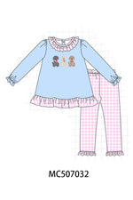 Blue puppy embroidery ruffle pants set