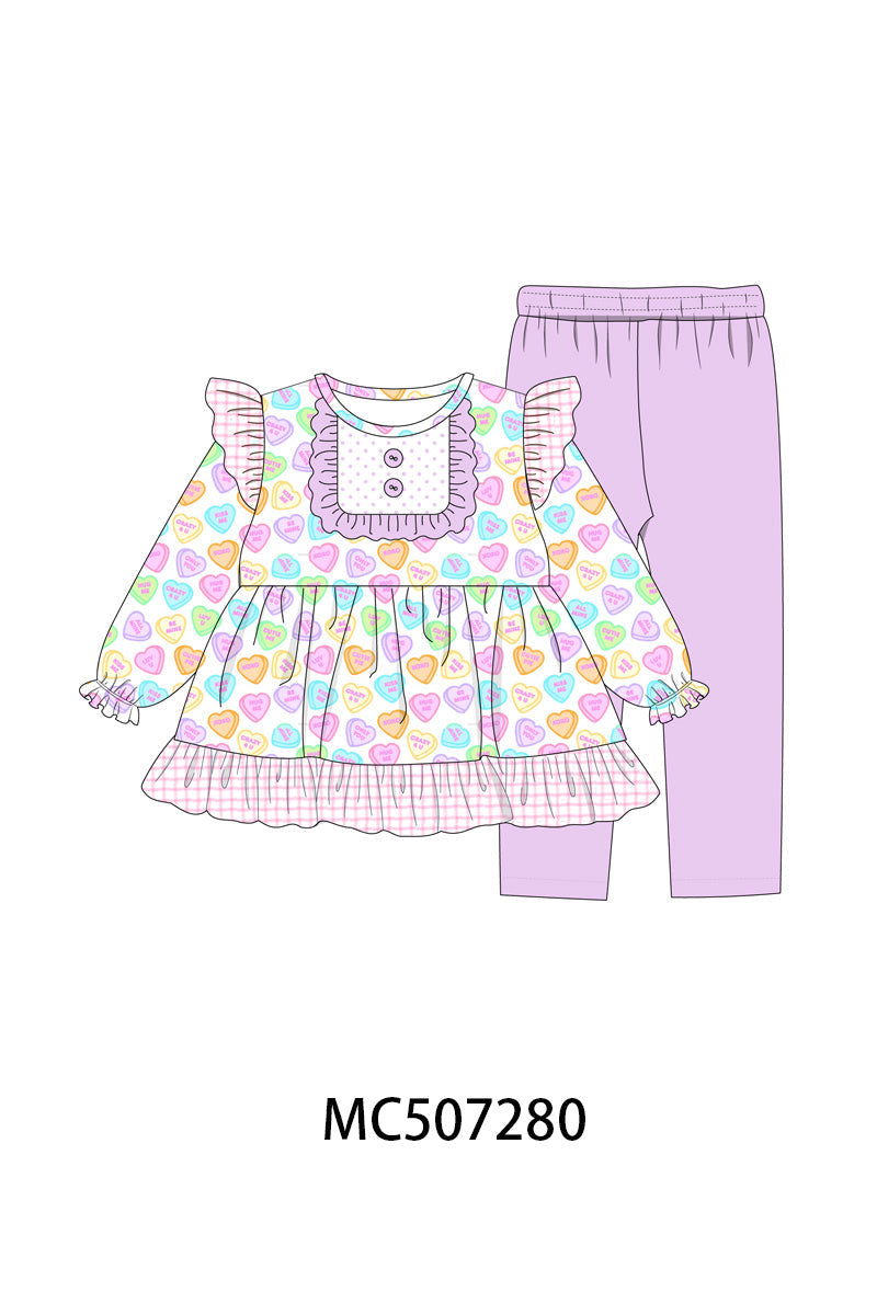 Purple heart print ruffle pants set