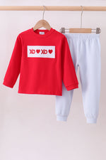Red valentine's day heart embroidery pants set