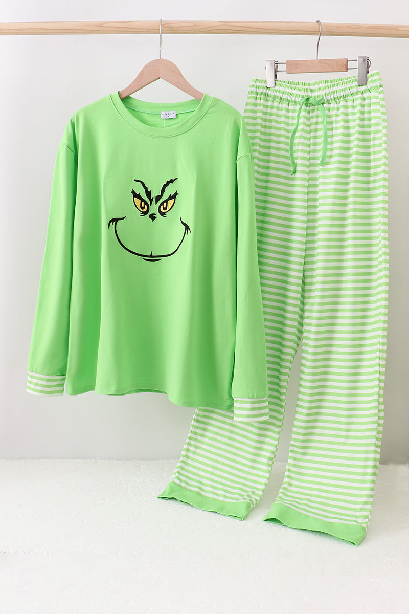 Green grinch embroidery adult pajamas set