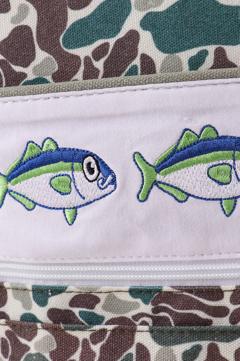 Camouflage fish embroidery canvas backpack