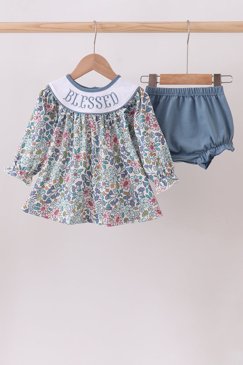 Blue floral blessed embroidery bloomer set