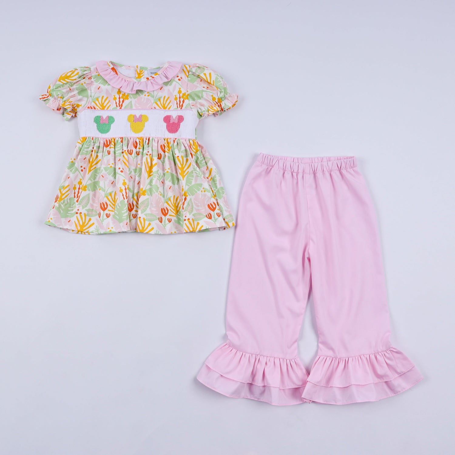 Sweet island character hand smocked ruffle pants set