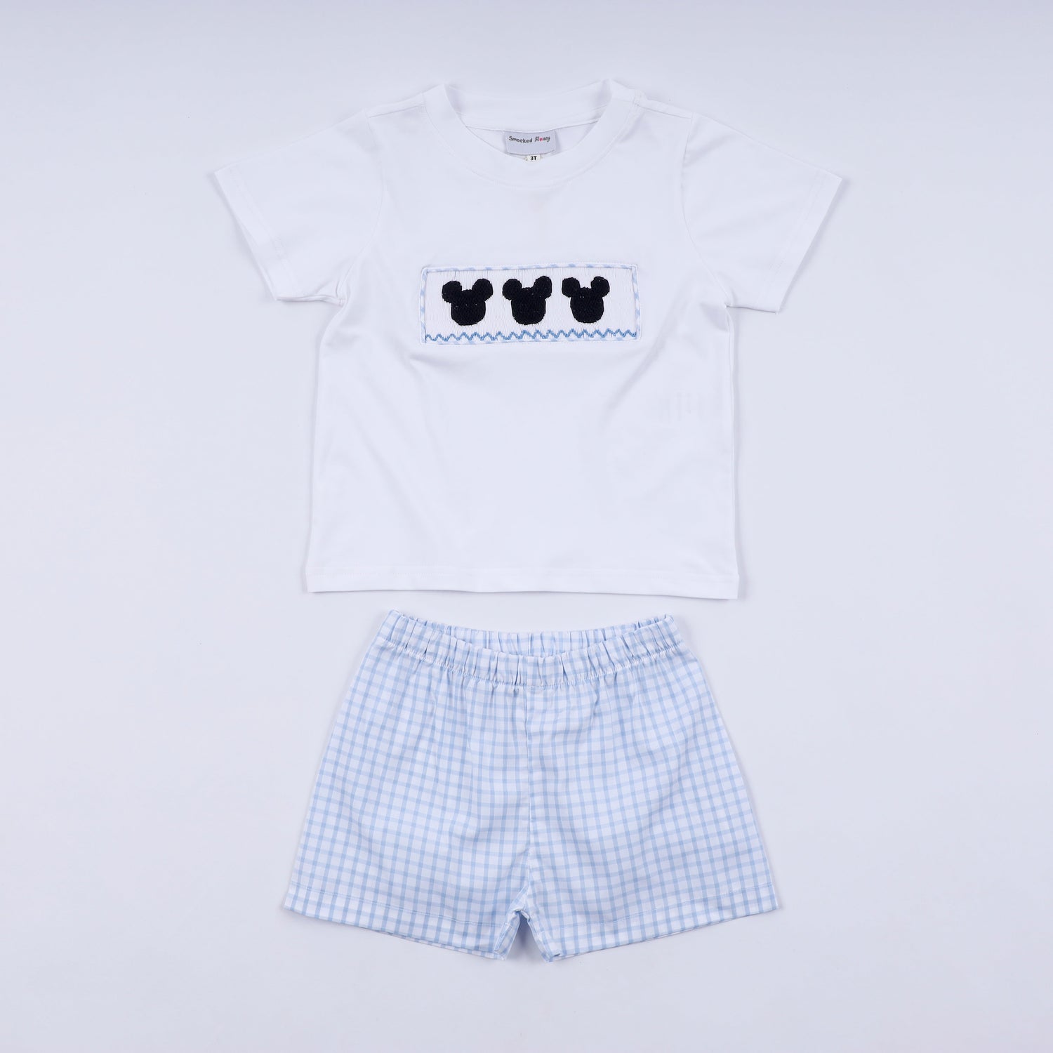 Blue character hand smocked gingham shorts set