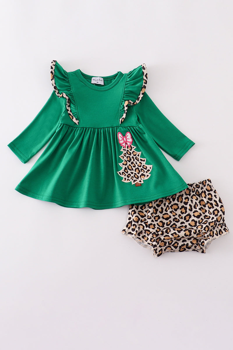 Forest tree applique leopard ruffle bloomer set