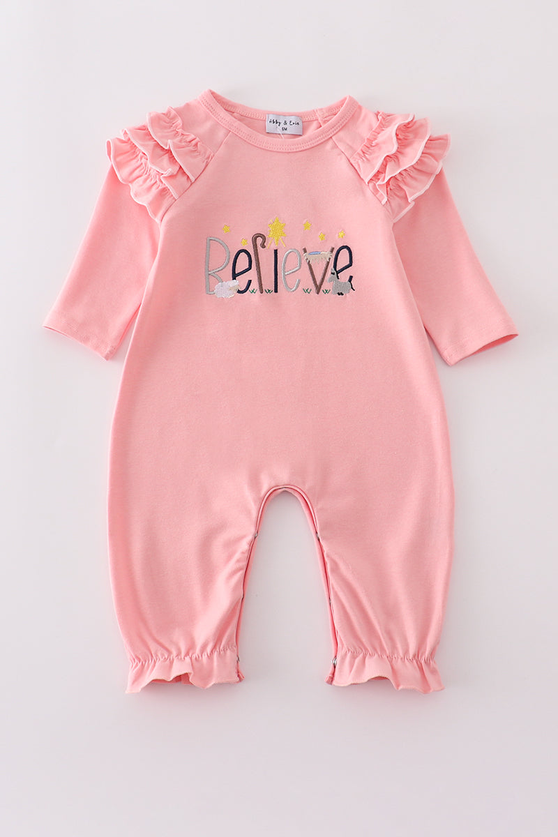 Pink believe embroidery ruffle romper