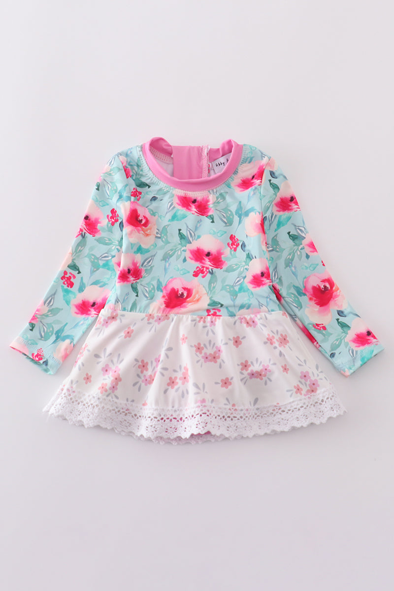 Blushing rose garden print girl one-piece leotard