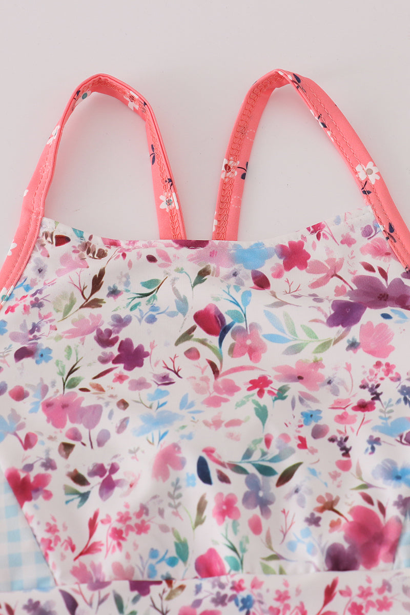 Green floral print 2pc active tank legging set