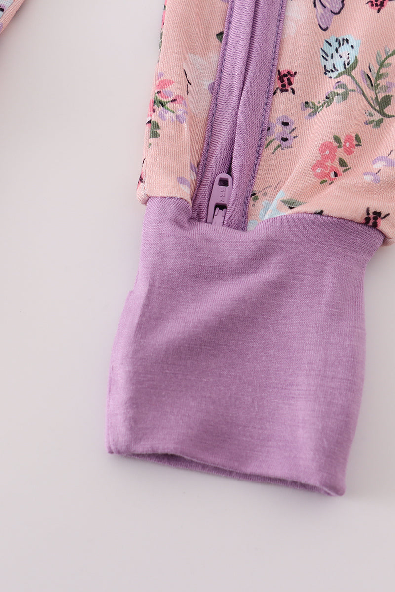Purple floral print bamboo pajamas romper