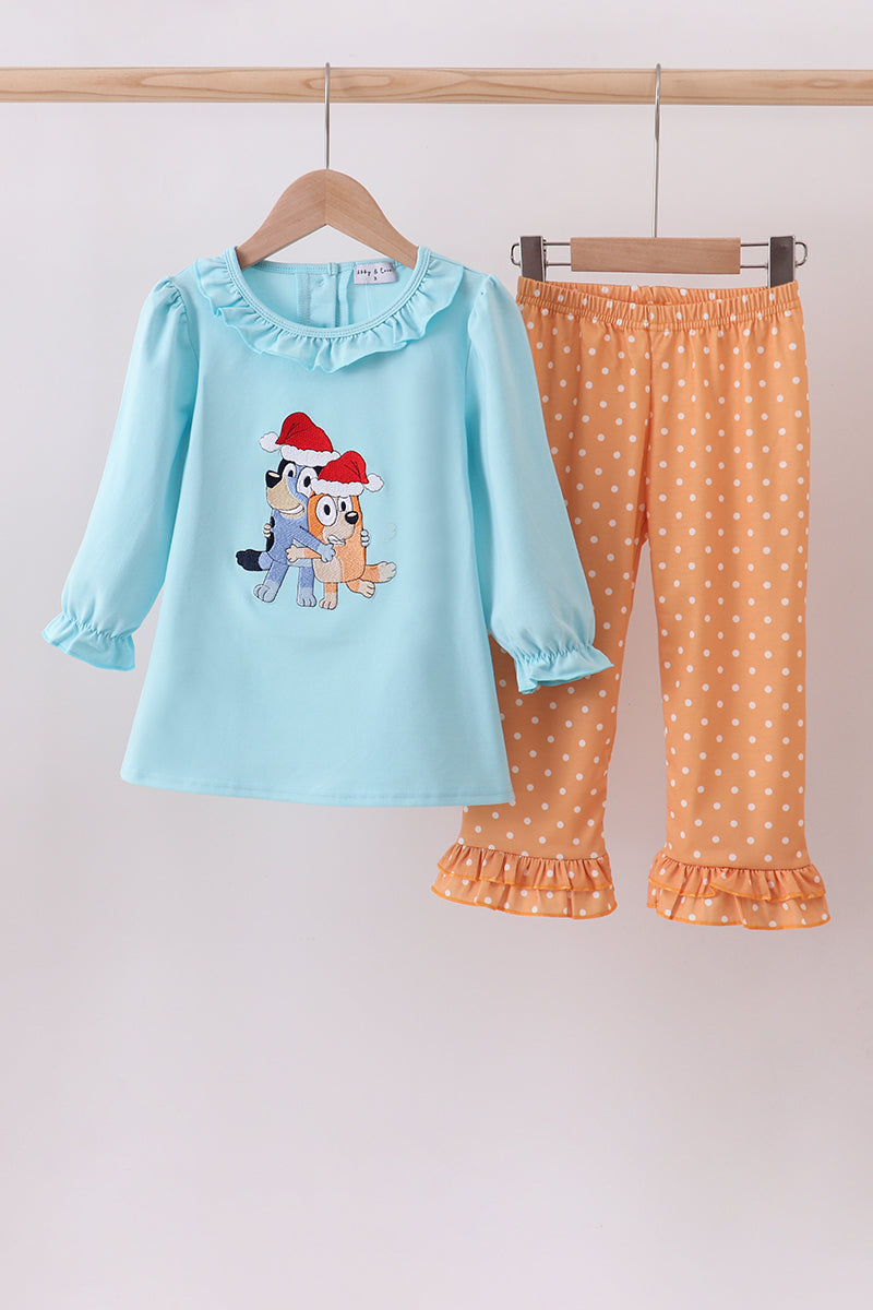 Blue christmas character embroidery ruffle pants set