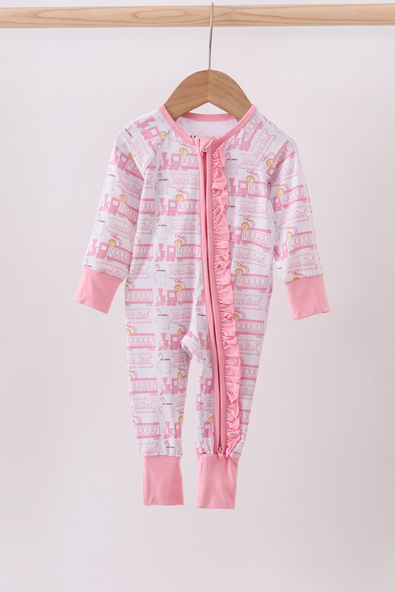 Pink train bamboo pajamas zipper romper