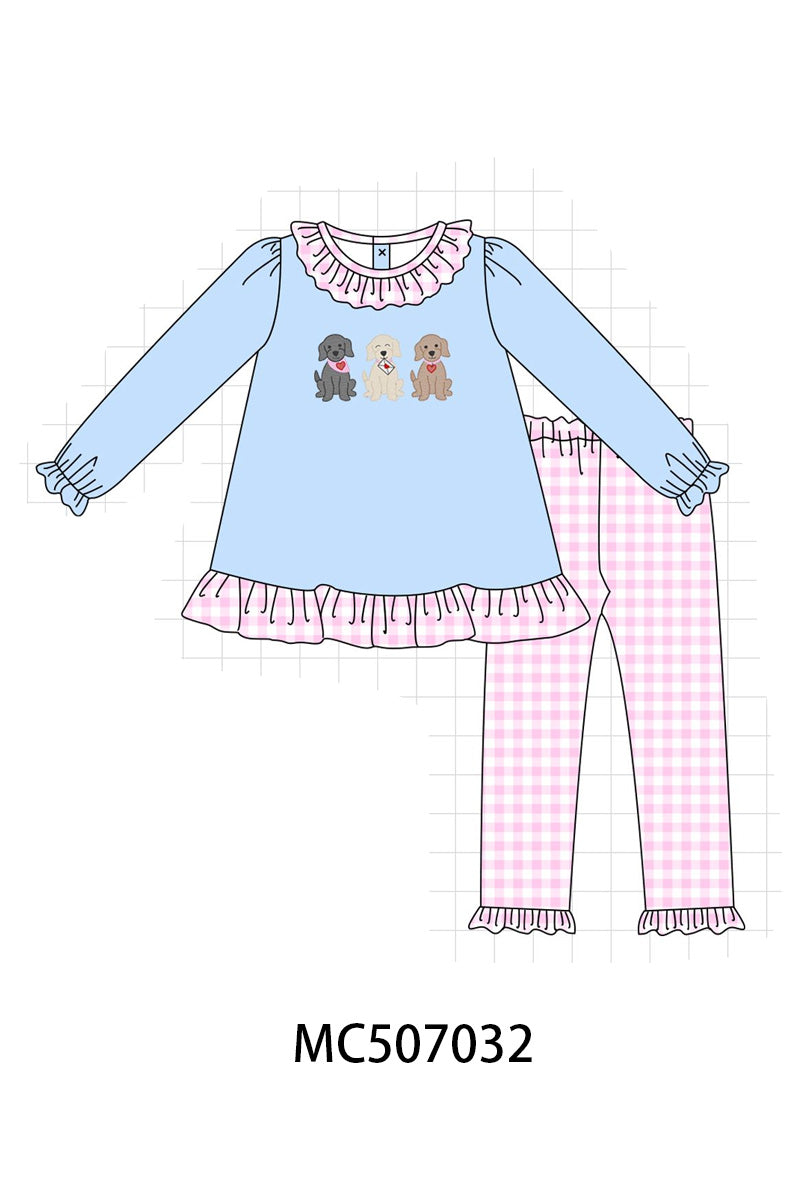 Blue puppy embroidery ruffle pants set