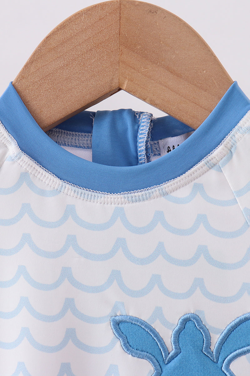 Blue beach sea turtle applique one-piece swimsuit