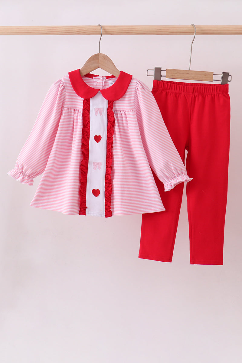 Red valentine's day embroidery ruffle pants set
