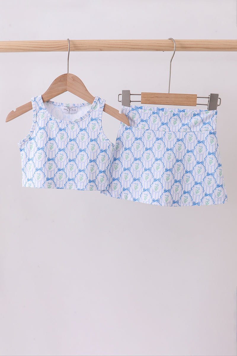 Blue bow floral active skorts set
