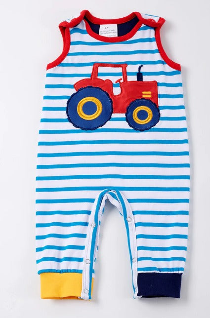 Blue stripe tractor romper